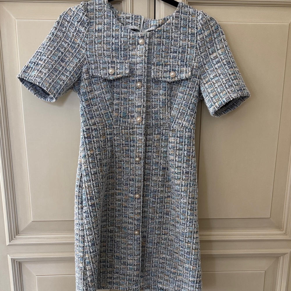 SHEIN Light Blue Tweed Midi Dress with Pearl Buttons